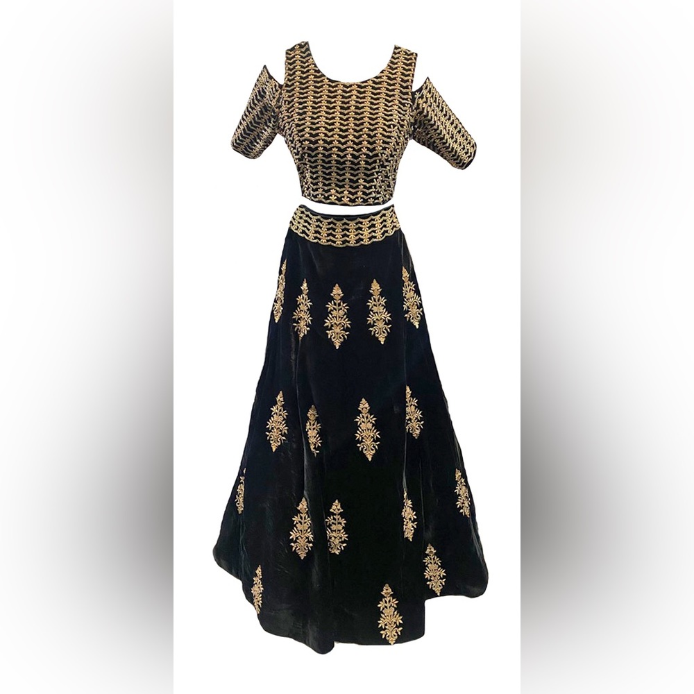 Black Velvet Lehenga with Crop Top, Skirt and Dupatta, with Gold work.